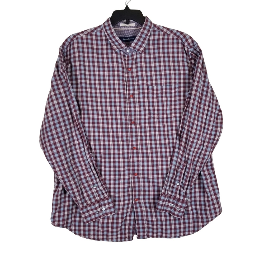 Tommy Bahama Button Down Shirt Mens 2XT Burgundy Blue Check Cotton Long Sleeve‎
